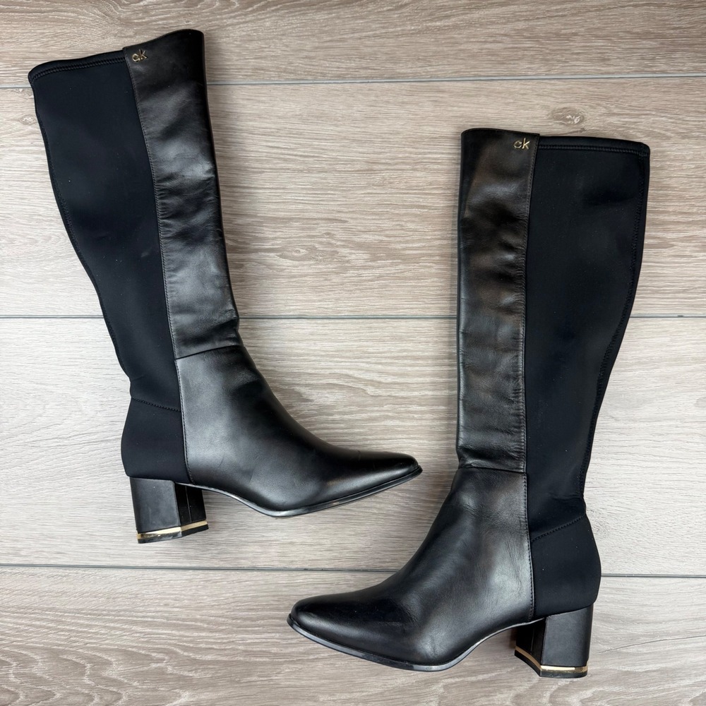 Calvin Klein Womens Freeda Knee High Leather Fabric Boots Black 7
